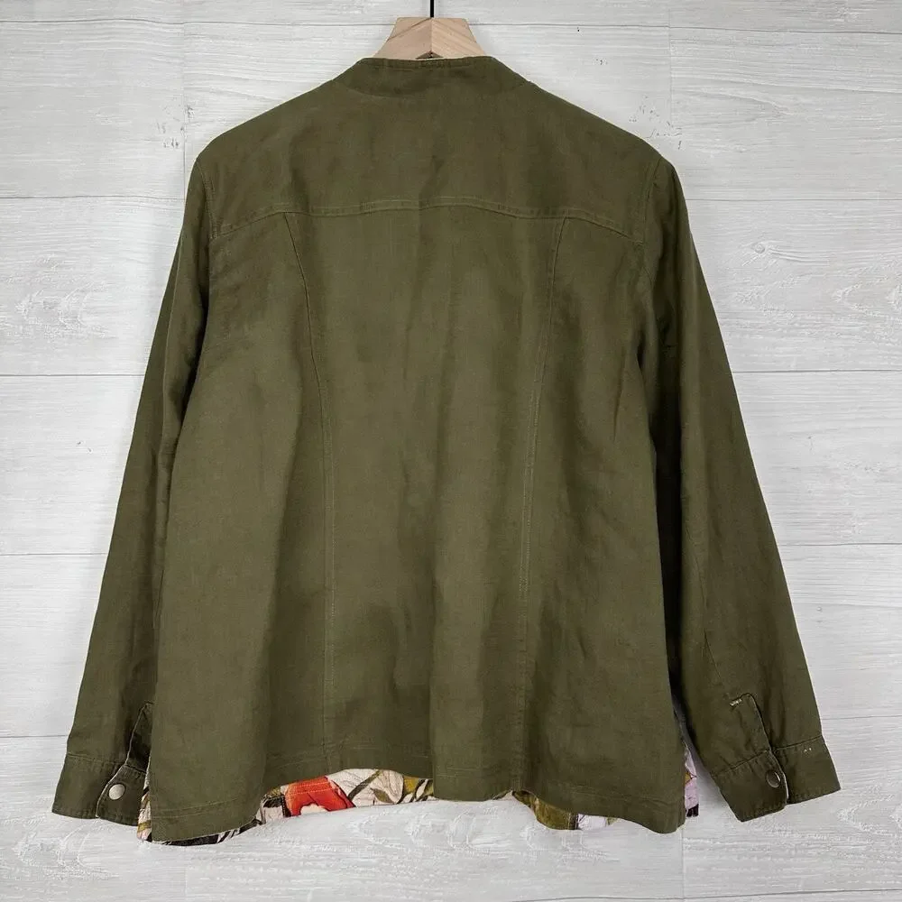 Chico's 100% Linen Jacket Plus Size 20-22‎ Reversible Floral Olive Green Pockets - Picture 7 of 16